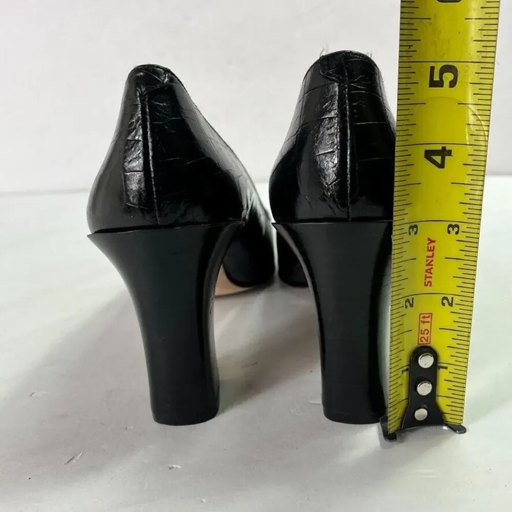 Ralph Lauren Pumps Womens 7AA Black Croc Print High Heel Square Toe Spain Made